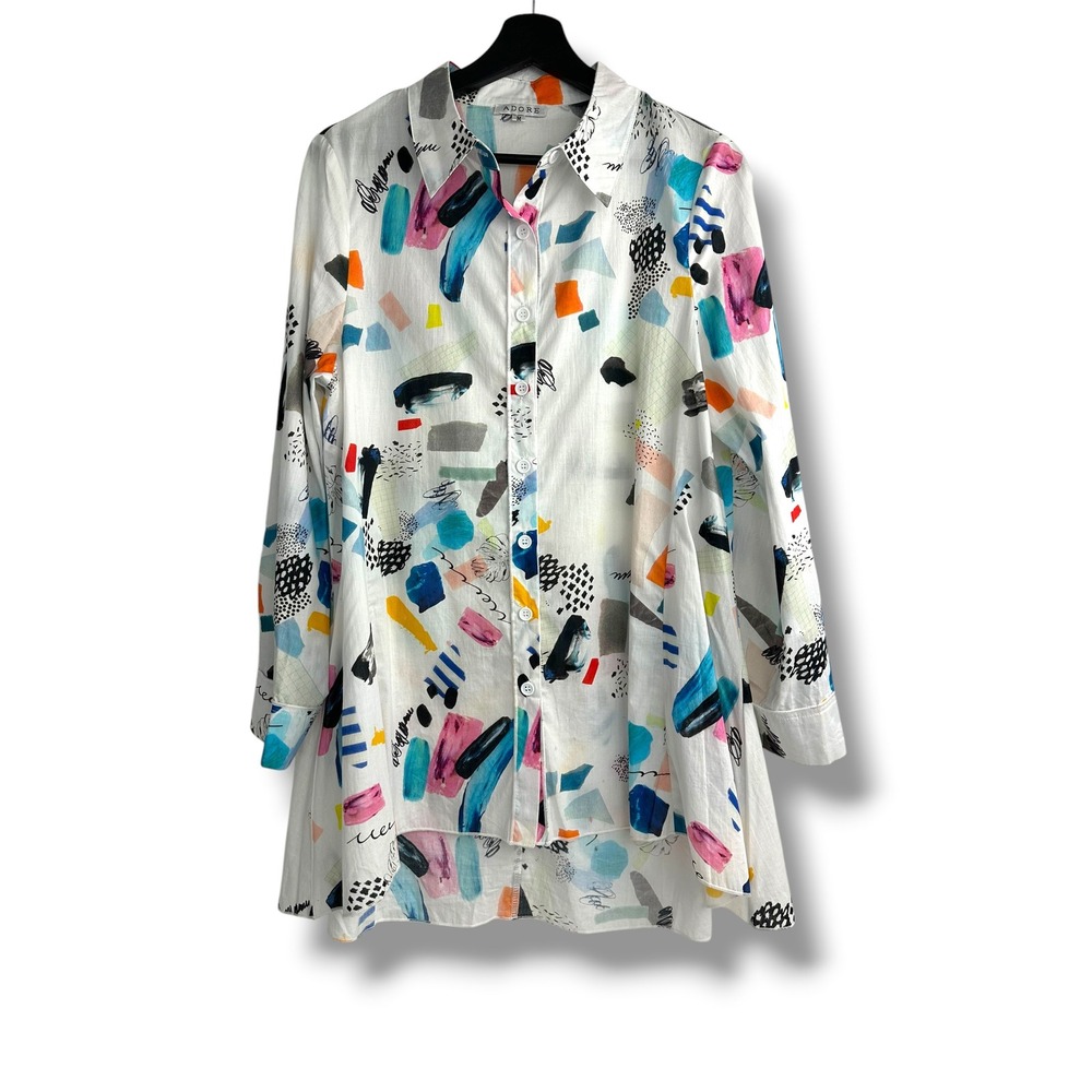 Adore Womens Abstract Paint Stroke Print Button Down Tunic Shirt White Multi M